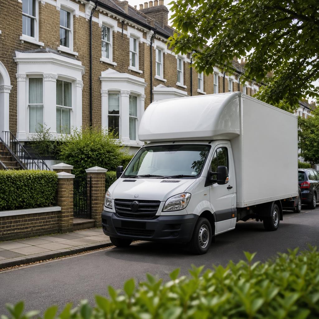 White Luton removal van parked outside a British terraced house ready for a house move