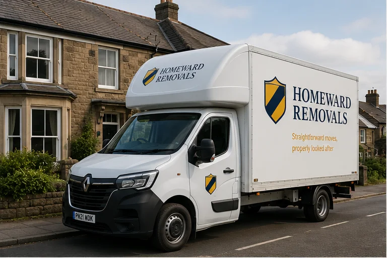 Branded moving van outside a house
