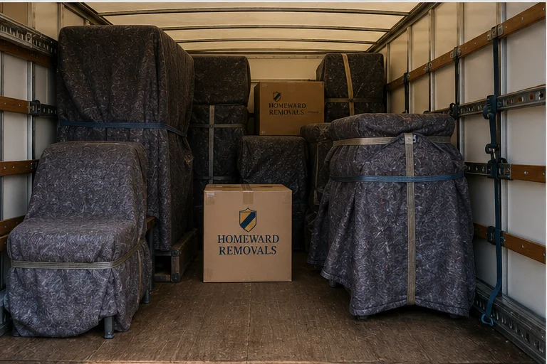 Wrapped and secured furniture inside a moving van